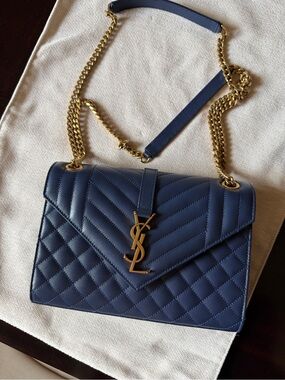 Saint Laurent Quilted Navy Leather Shoulder Bag with Gold YSL Chain